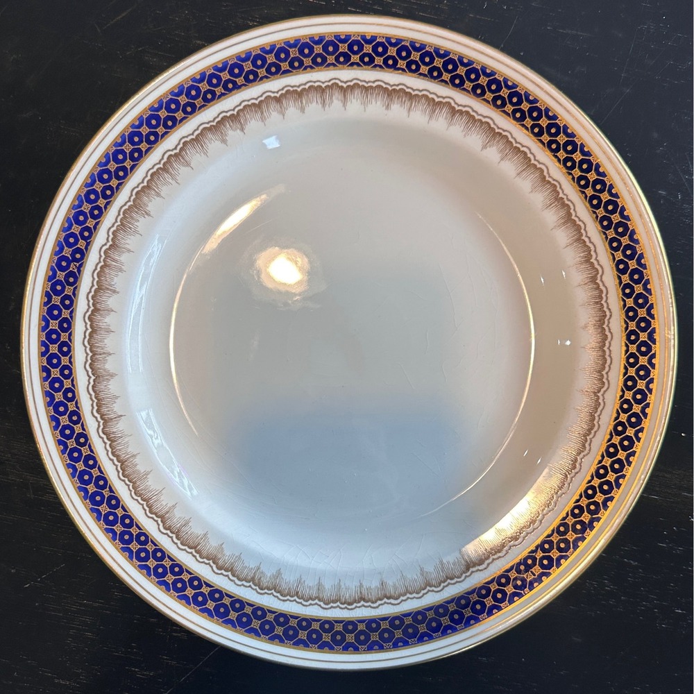 Mappin & Webb set of 10 Dinner Plates Blue Good Cobalt Gold Gilt Lattice Antique